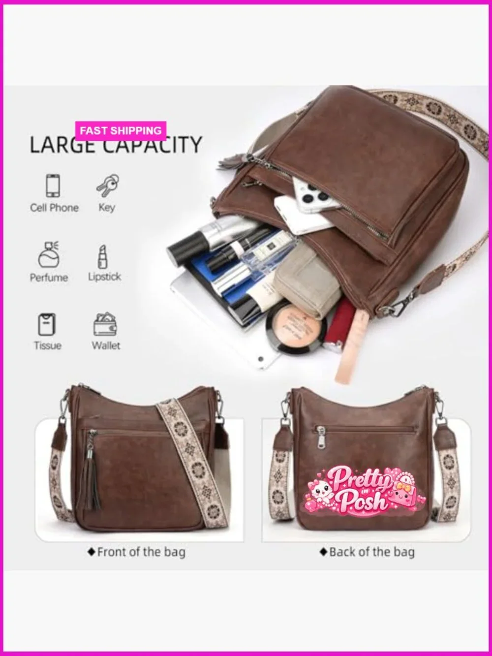 Vegan Leather Crossbody Bag with Tassel, Lightweight Hobo Purse